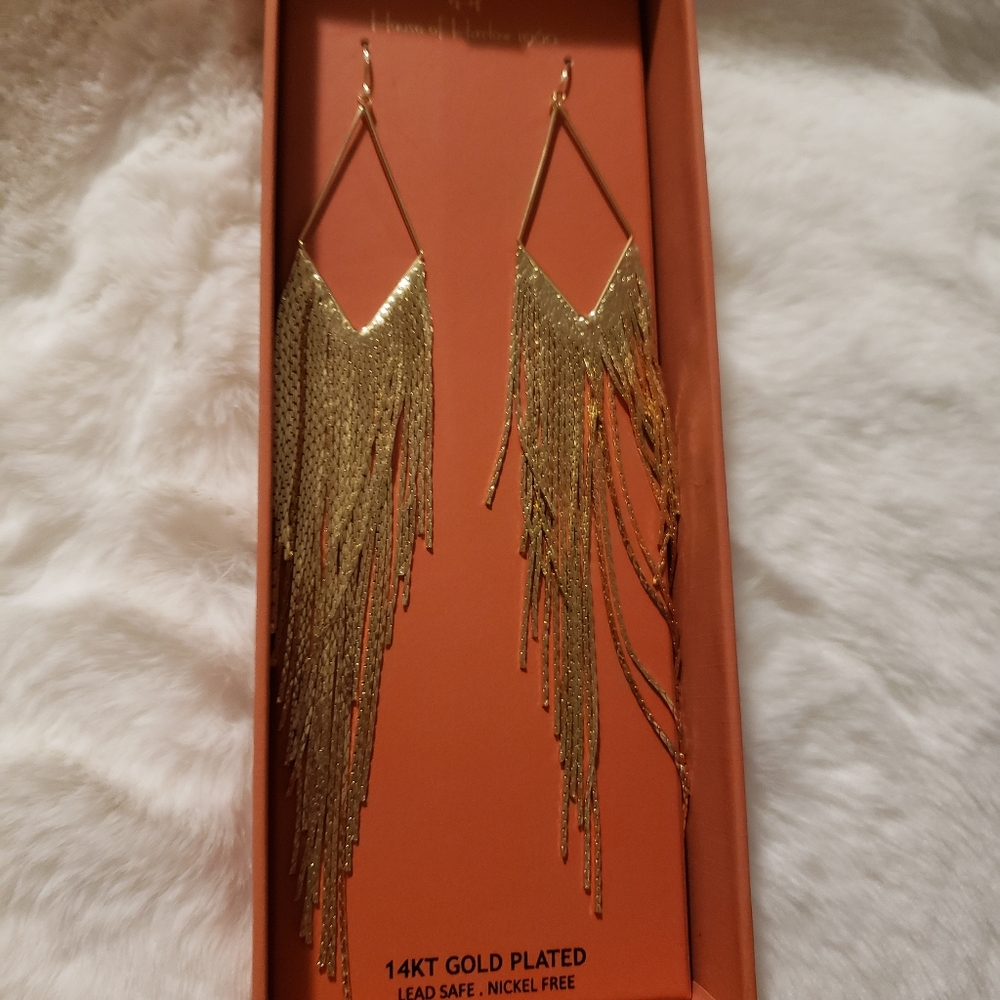 New House Of Harlow 1960 14 Kt. Gold Plated Fringe 6”Drop  Earrings NIB